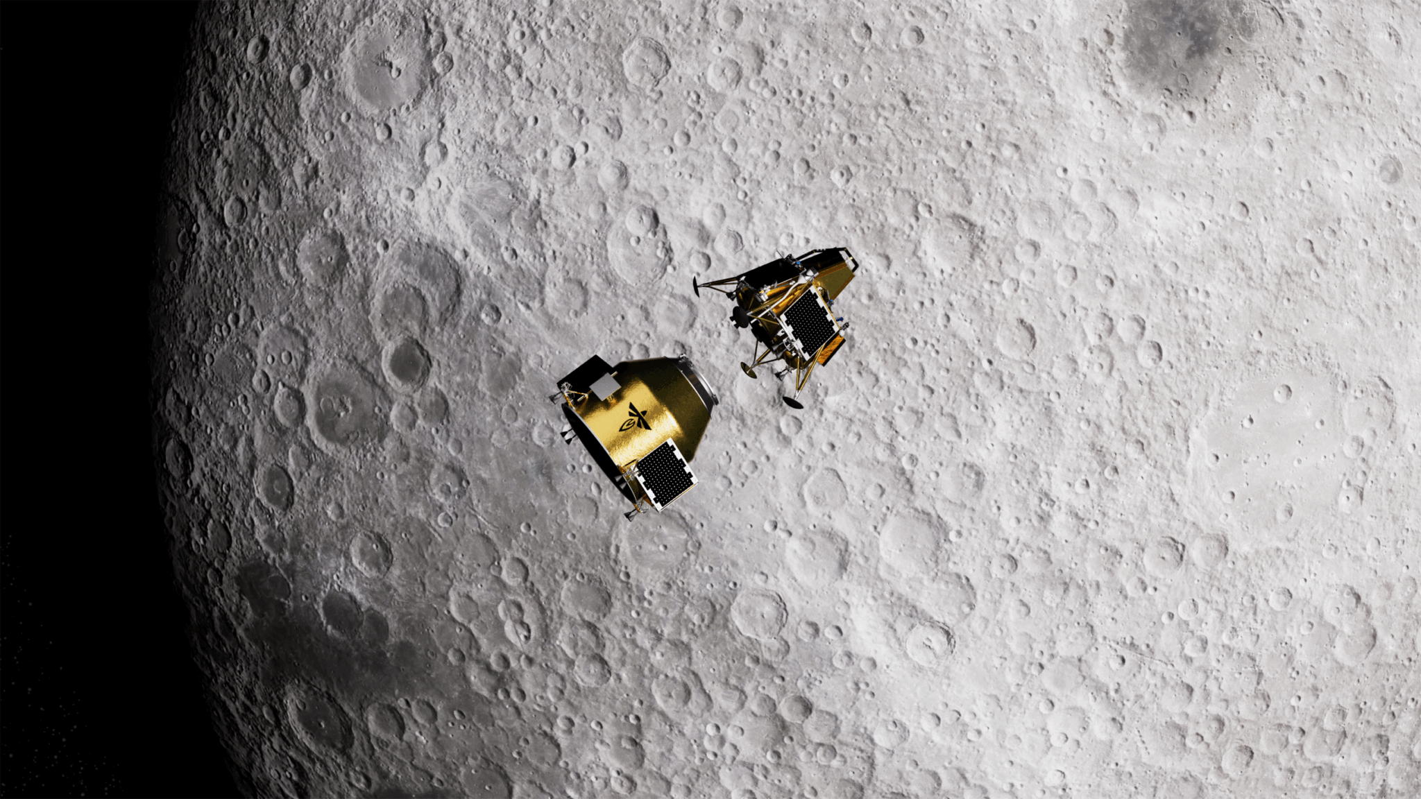 Render del modulo di trasferimento Elytra Dark che rilascia il lander Blue Ghost verso la Luna nel corso della missione Blue Ghost Mission 4. Credits: Firefly Aerospace